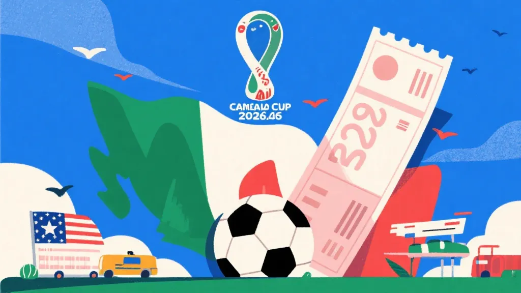 2026年美加墨世界杯概念图，包含足球与高昂旅行账单元素